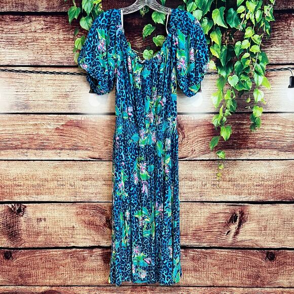 Lilly Pulitzer Camille Dress Formentera Turquoise XL Midi Floral Cheetah Puff - Picture 5 of 7